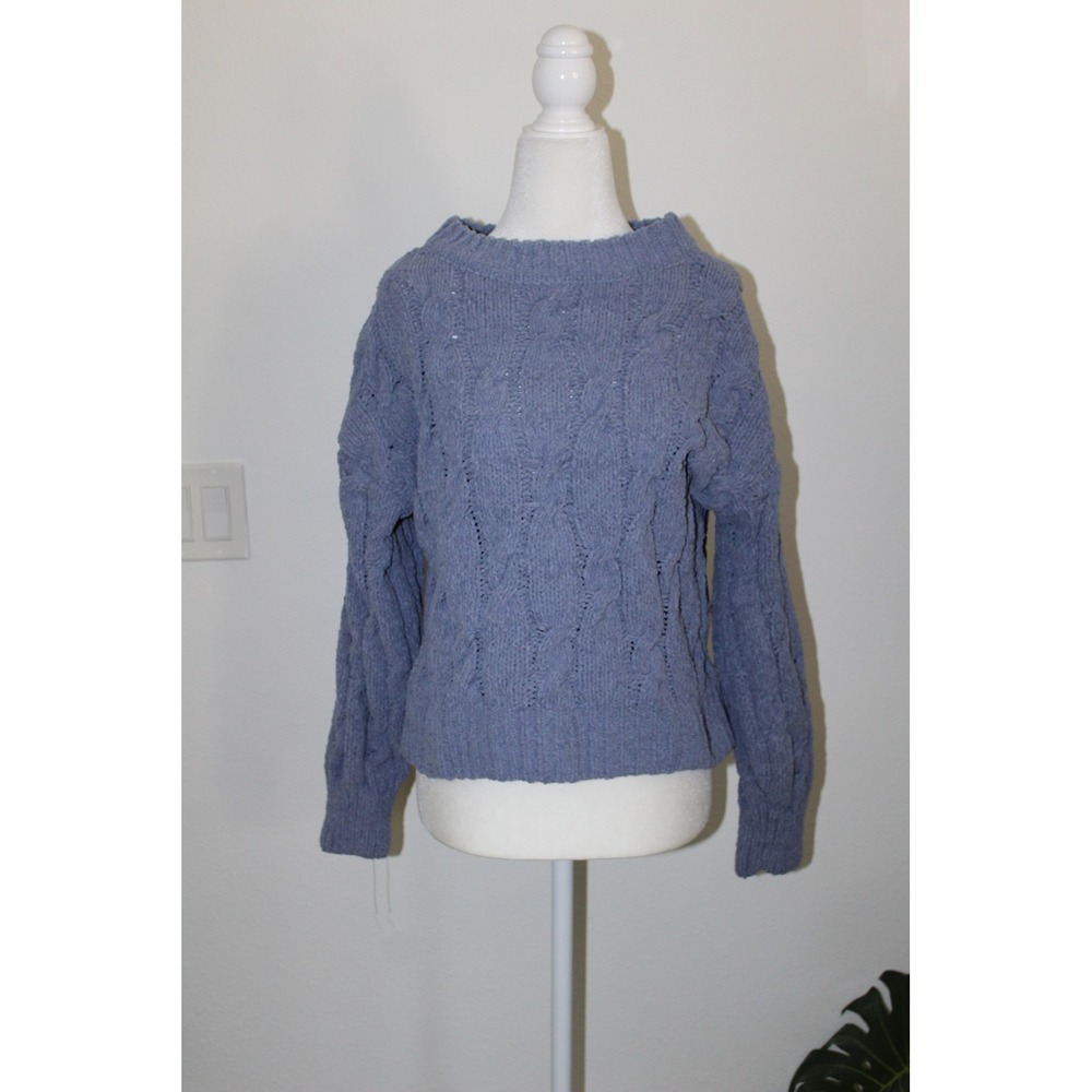 Pink Rose Women's Blue Cable Knit Chenille Sweater Crew Neck Pullover XS Basic
